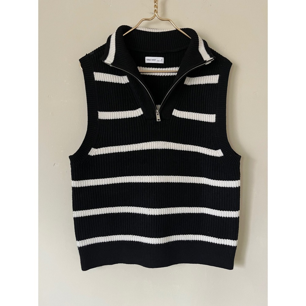 Nine West Black and White Striped Sleeveless Zip Mock Neck Sweater Vest
